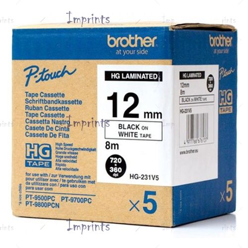 Картридж Brother HGE-231V5 наклейка ламинированная, 12 мм, 8 м., уп. 5шт., черный на белом фоне оригинальный