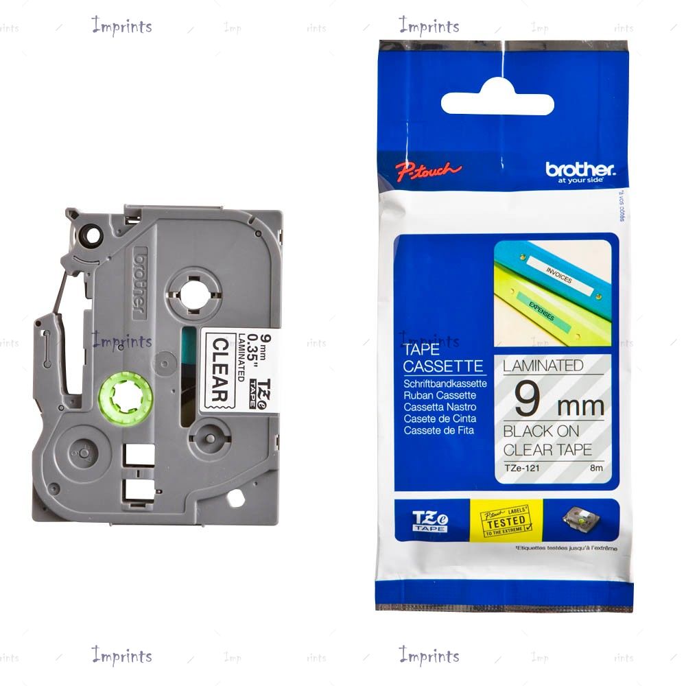 Картридж Brother TZE-121 наклейка ламинированная, 9 мм, 8 м., черный на прозрачном фоне оригинальный