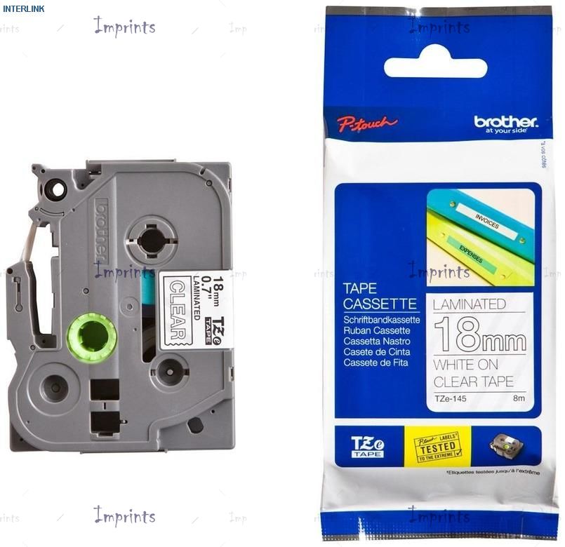 Картридж Brother TZE-145 наклейка ламинированная, 18 мм, 8 м., белый на прозрачном фоне оригинальный