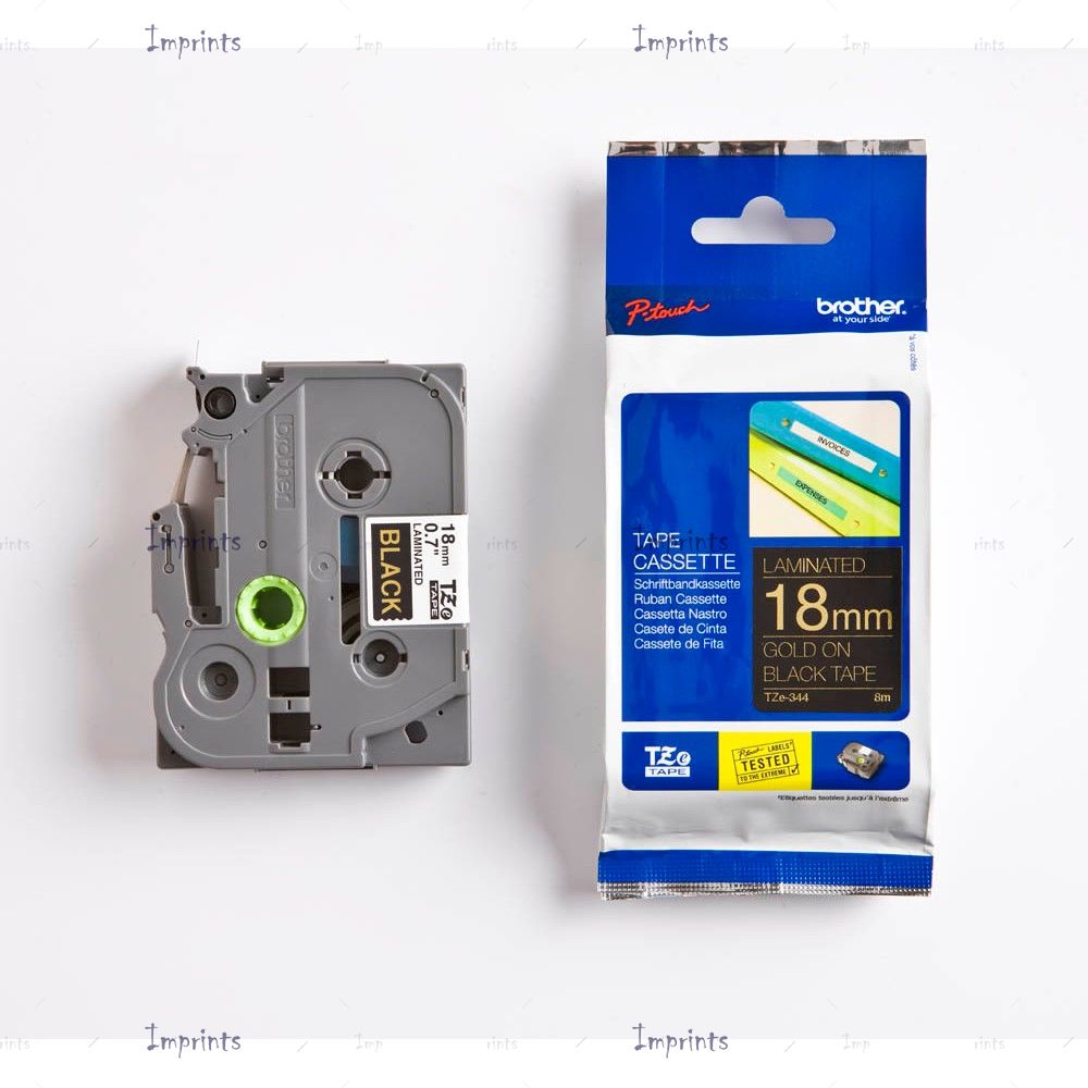 Картридж Brother TZE-344 наклейка ламинированная, 18 мм, 8 м., золотой на черном фоне оригинальный