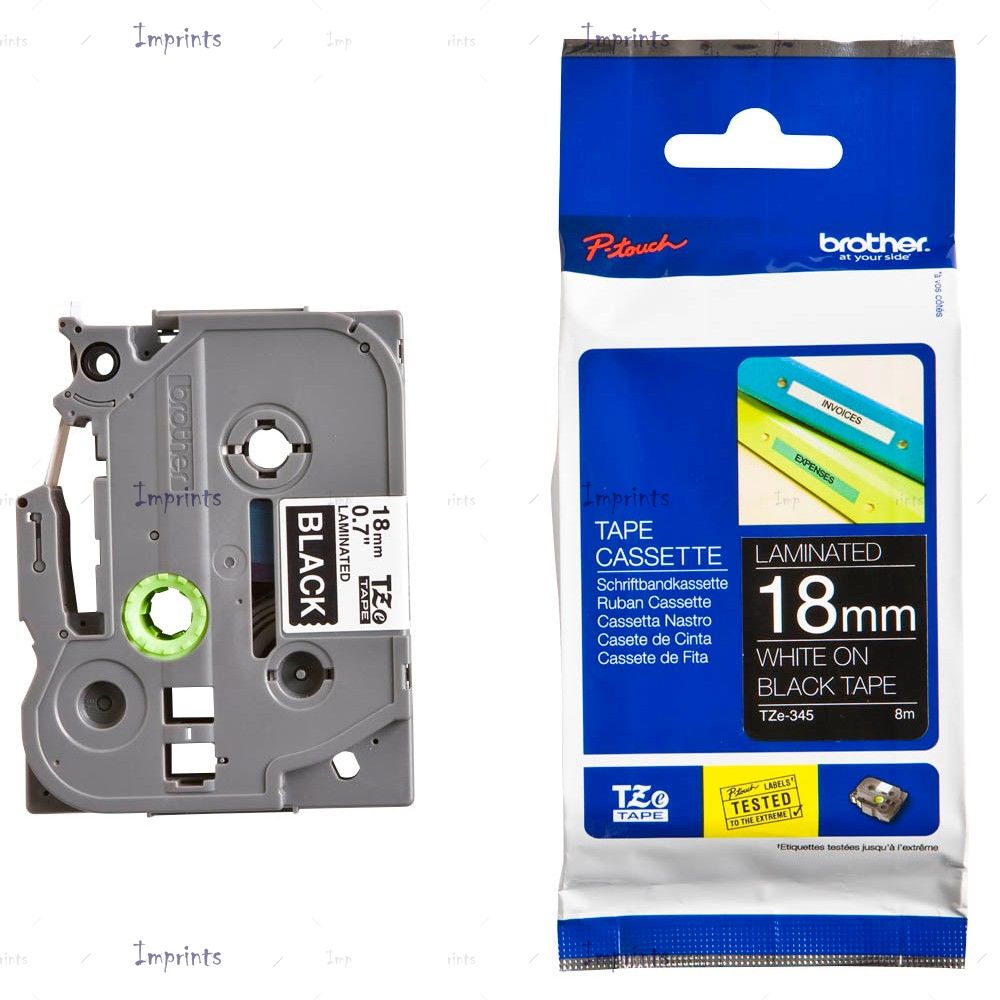 Картридж Brother TZE-345 наклейка ламинированная, 18 мм, 8 м., белый на черном фоне оригинальный