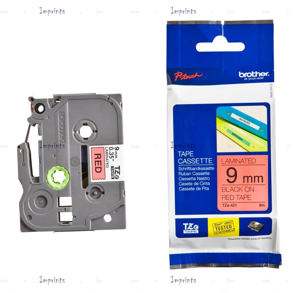 Картридж Brother TZE-421 наклейка ламинированная, 9 мм, 8 м., черный на красном фоне оригинальный