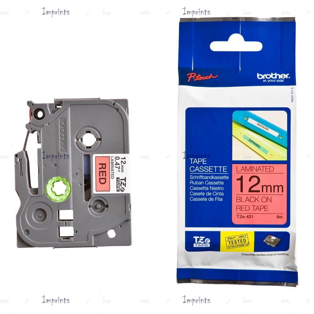 Картридж Brother TZE-431 наклейка ламинированная, 12 мм, 8 м., черный на красном фоне оригинальный
