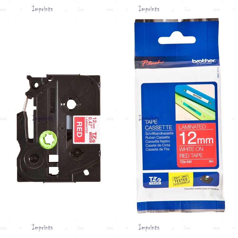 Картридж Brother TZE-435 наклейка ламинированная, 12 мм, 8 м., белый на красном фоне оригинальный