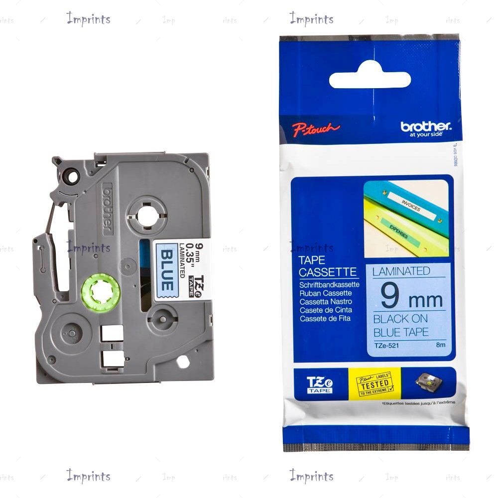 Картридж Brother TZE-521 наклейка ламинированная, 9 мм, 8 м., черный на синем фоне оригинальный