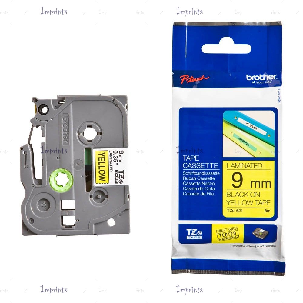Картридж Brother TZE-621 наклейка ламинированная, 9 мм, 8 м., черный на желтом фоне оригинальный