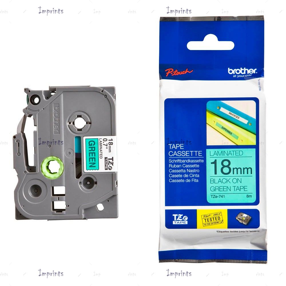 Картридж Brother TZE-741 наклейка ламинированная, 18 мм, 8 м., черный на зеленом фоне оригинальный