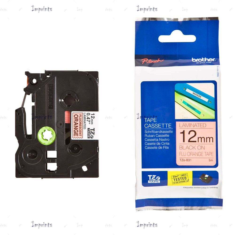 Картридж Brother TZE-B31 наклейка ламинированная , 12 мм, 5 м., черный на флуоресцентном оранжевом фоне оригинальный