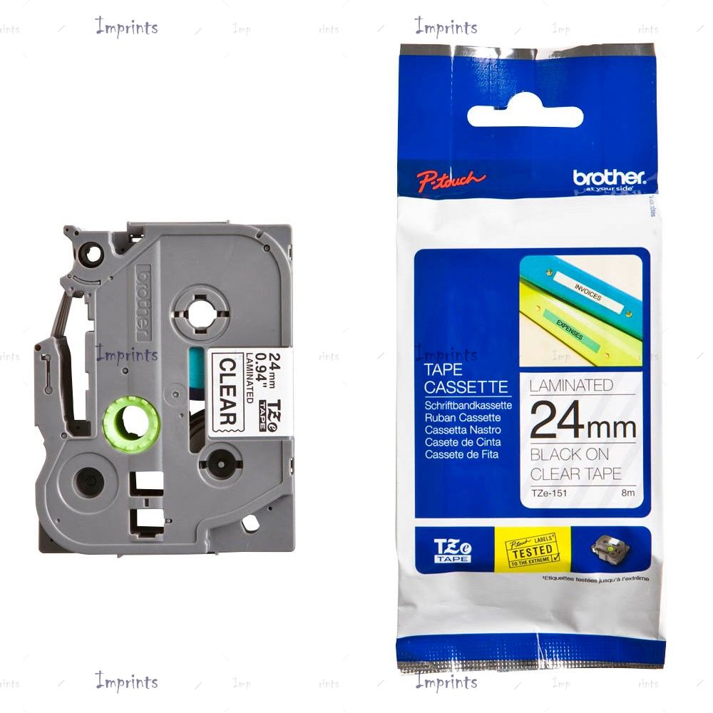 Картридж Brother TZE-S151 наклейка ламинированная клейкая, 24 мм, 8 м., черный на прозрачном фоне оригинальный