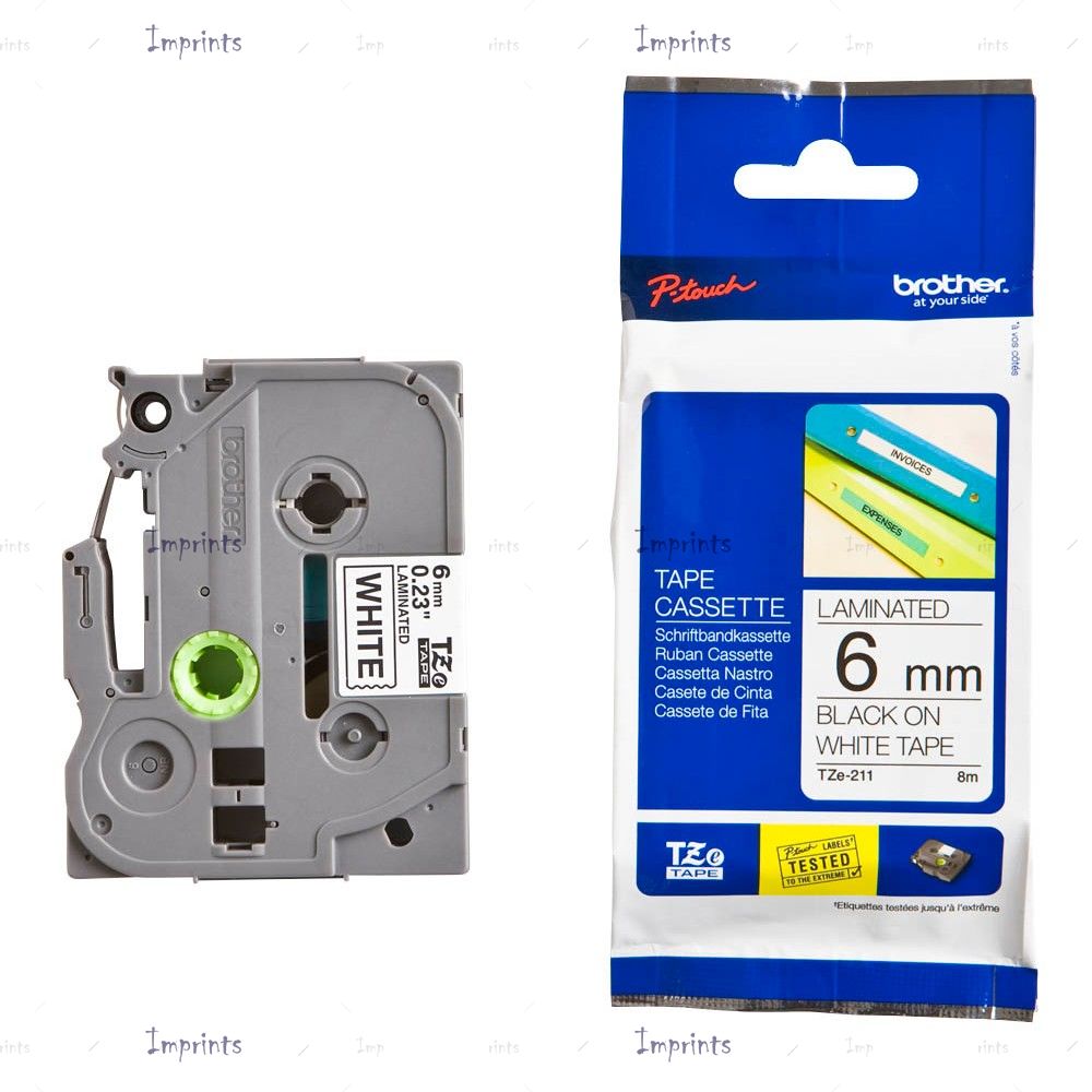 Картридж Brother TZE-S211 наклейка ламинированная клейкая, 6 мм, 8 м., черный на белом фоне оригинальный