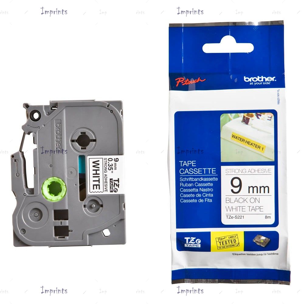 Картридж Brother TZE-S221 наклейка ламинированная клейкая, 9 мм, 8 м., черный на белом фоне оригинальный