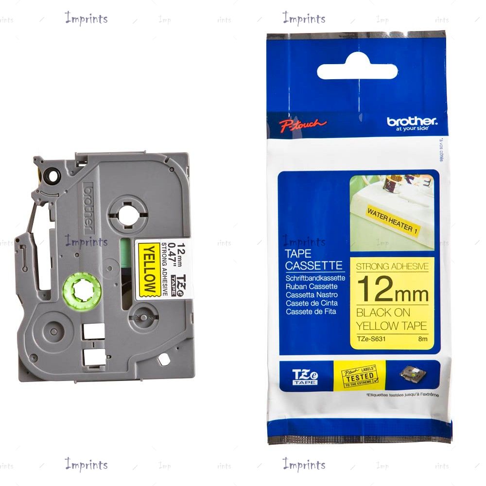 Картридж Brother TZE-S631 наклейка ламинированная клейкая, 12 мм, 8 м., черный на желтом фоне оригинальный